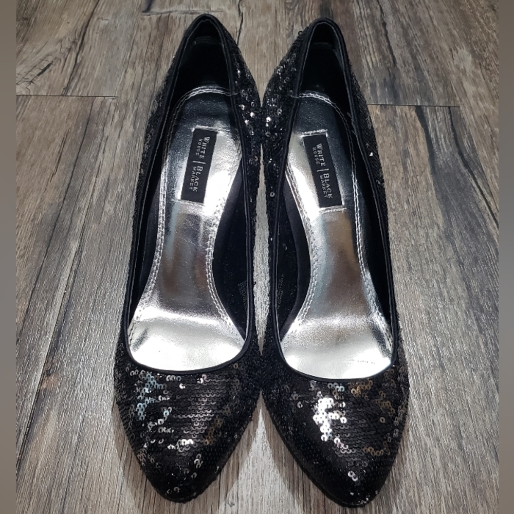 White House Black Market Athena stiletto sequin heels size 8.5 women black pumps